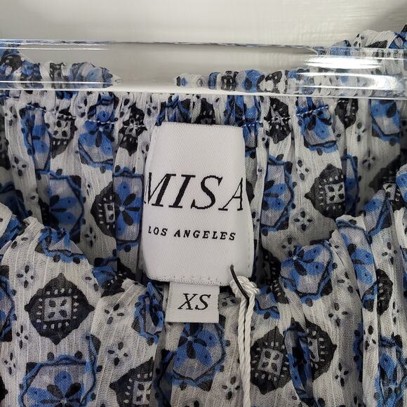 Misa LA Zonia Blue/White Geometric Off-Shoulder Chiffon Mini Dress XS - Picture 4 of 14